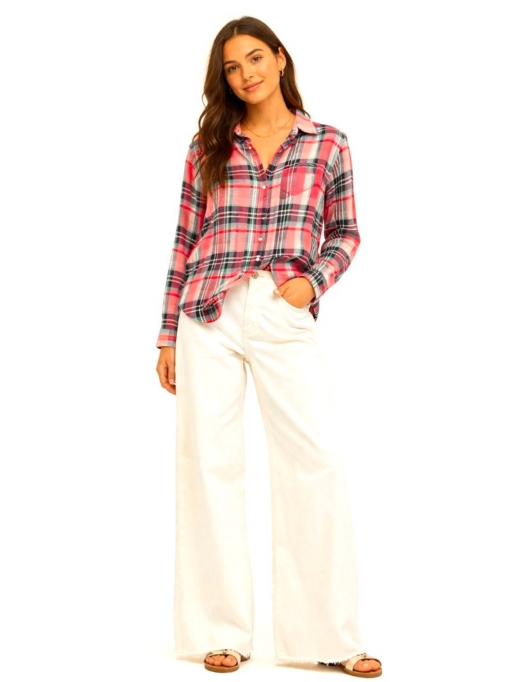 NWT Trovata Birds of Paradis Plaid Women’s Shirt S Coral Pink Blue Button Down